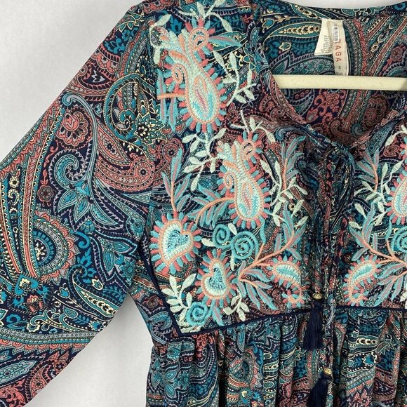 Raga Mystic Garden Paisley Peplum Swing Blouse Tassel Tie Neck Womens Size Small - Picture 3 of 8